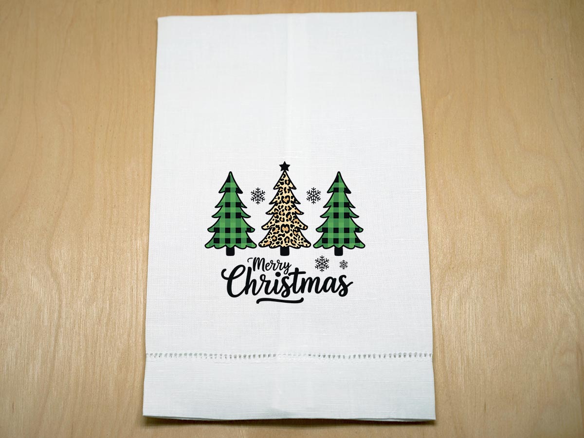 Merry Christmas Plaid and Leopard Print Trees Linen Towel