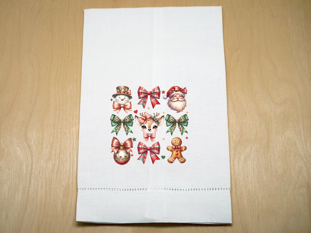 Christmas Icons Linen Towel w/ Santa, Reindeer, and Gingerbread