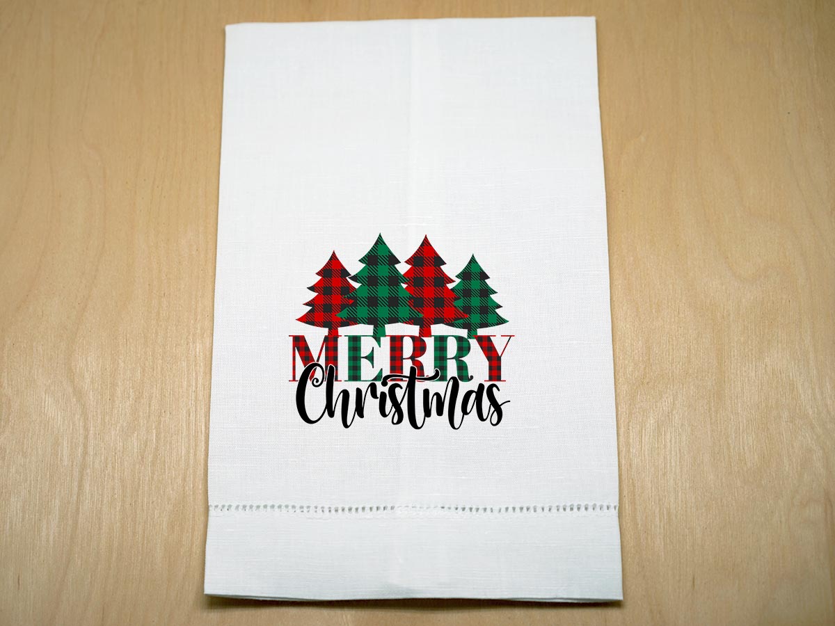 Merry Christmas Plaid Trees Linen Hand Towel