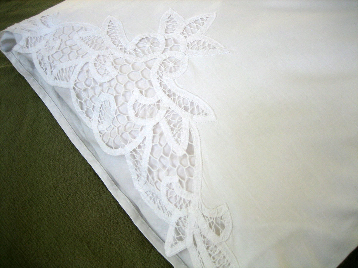 Pair of White Royal Cotton Battenburg Lace Pillowcases