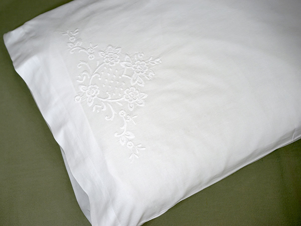 Pair of White Cotton Pillowcases with Royal Floral Design
