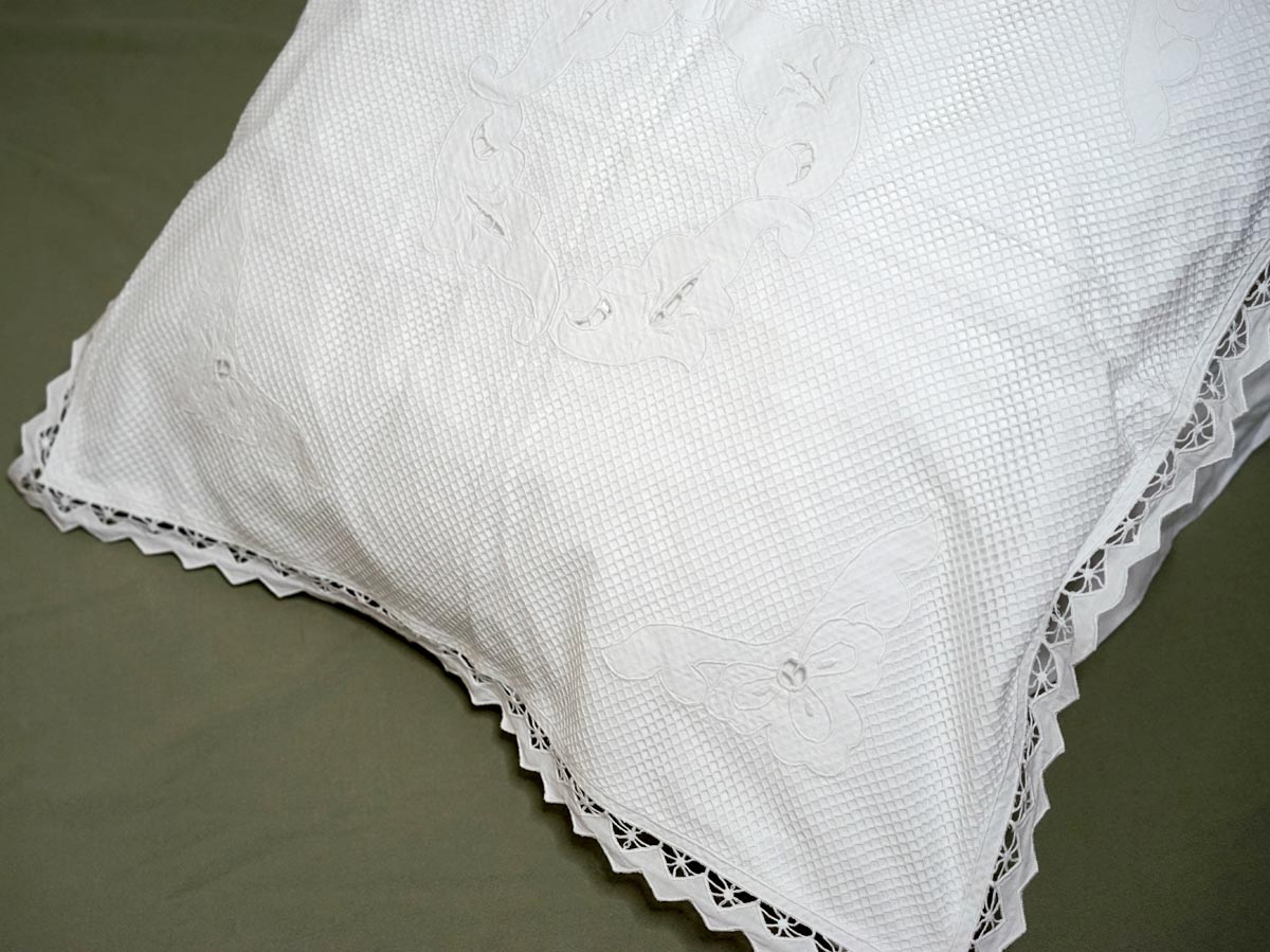 White Waffle Weave Pillowcase with Embroidered Butterfly & Lace