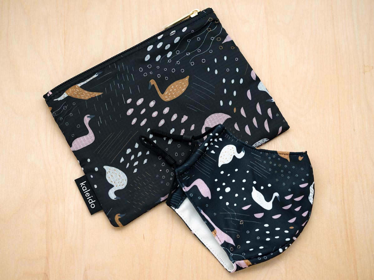 Black Swans Cloth Face Mask  Matching Essential Pouch