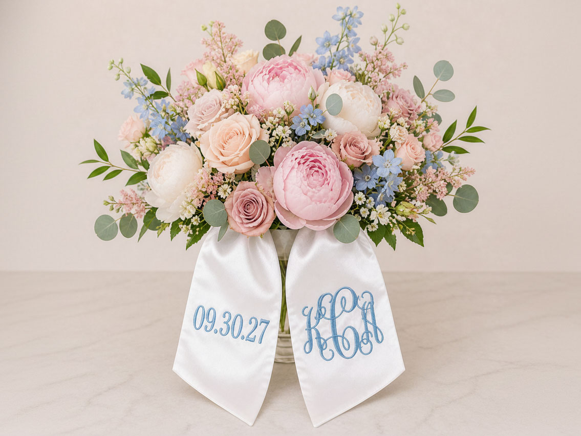 Personalized Satin Ribbon Bouquet Sash 3 Initials Date Font G