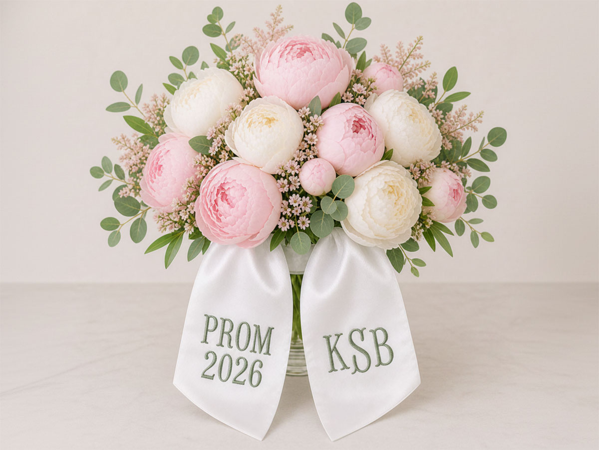 Personalized Satin Ribbon Bouquet Sash 2 Lines 3 Initials Font V