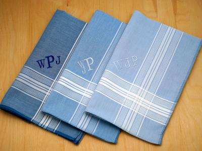 Set of 3 Personalized Blue Striped Mens Handkerchiefs Font R