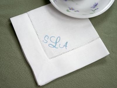 Set of 4 Monogrammed Linen Tea Napkins w/ 3 Initials- Font C