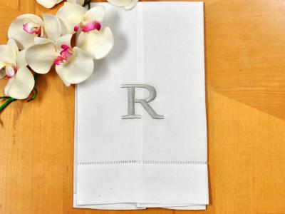 Monogrammed White Linen Hand Towel w/ Single Initial Font R