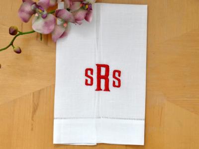 Monogrammed White Linen Hand Towel w/3 Initials Font E