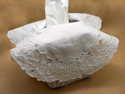 Small Cotton Tissue Box Cover with a Lotus Cutwork Lace Overlay