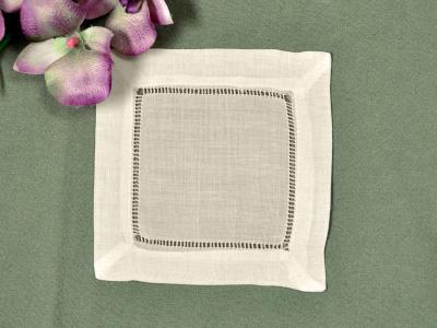 1 Dozen Ecru Hemstitched Linen Cocktail Napkins