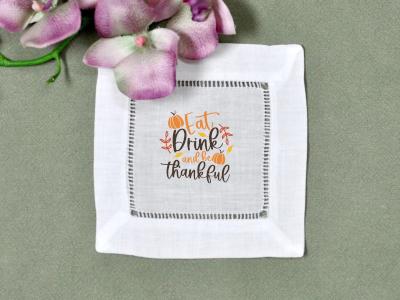 Set Of 4 Eat, Drink, and Be Thankful Linen Cocktail Napkins