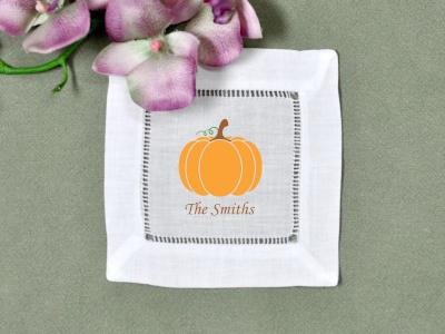 Set of 4 Custom Linen Cocktail Napkins w/ Festive Pumpkin & Name