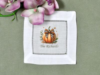 Set Of 4 Custom Linen Cocktail Napkins With Plaid Pumpkin & Name