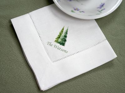 Set of 4 Custom Linen Tea  Napkins w/ Evergreen Trees 1 Line