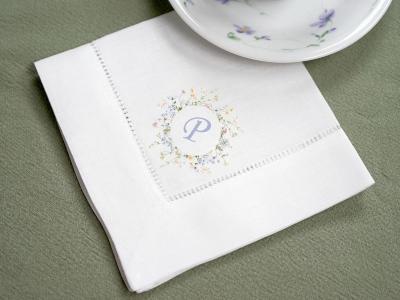 Set of 4 Custom Linen Tea Napkins w/ Floral Ring 1 Initial