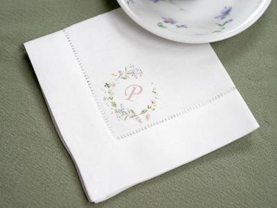 Set of 4 Custom Linen Tea Napkins w/ Floral Wreath 1 Initial