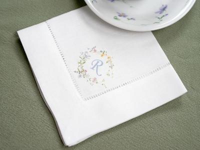 Set of 4 Custom Linen Tea Napkins w/ Flower Wreath 1 Initial