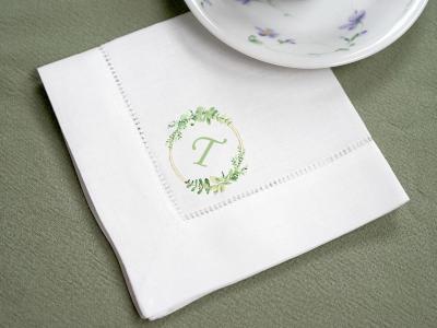 Set of 4 Custom Linen Tea Napkins w/ Spring Wreath 1 Initial