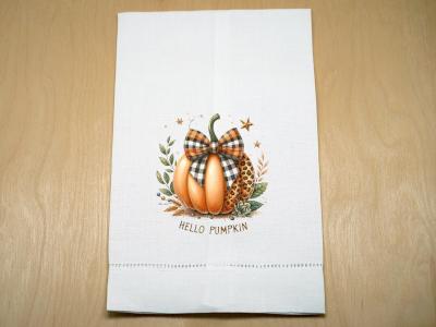 Hello Pumpkin Linen Guest Towel with Plaid Design