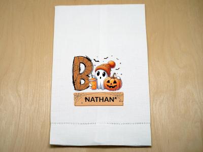 Personalized BOO Linen Hand Towel with Ghost & Pumpkin Design