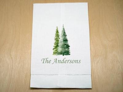Custom Linen Hand Towel w/ Evergreen Trees And 1 Line