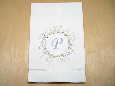 Custom Linen Hand Towel w/ Delicate Floral Ring And 1 Initial