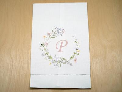 Custom Linen Hand Towel w/ Delicate Floral Wreath And 1 Initial