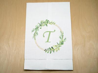 Custom Linen Hand Towel w/ Spring Green Wreath And 1 Initial
