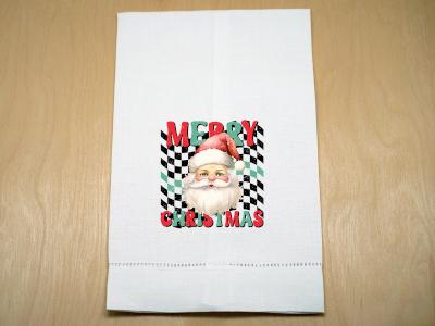 Merry Christmas Santa with Checkered Background Linen Towel