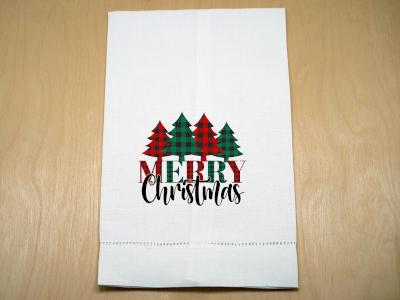 Merry Christmas Plaid Trees Linen Hand Towel