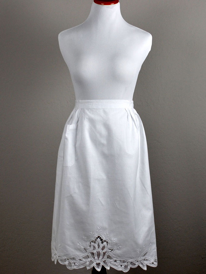 White Cotton Floral Battenburg Half Length Bibless Apron