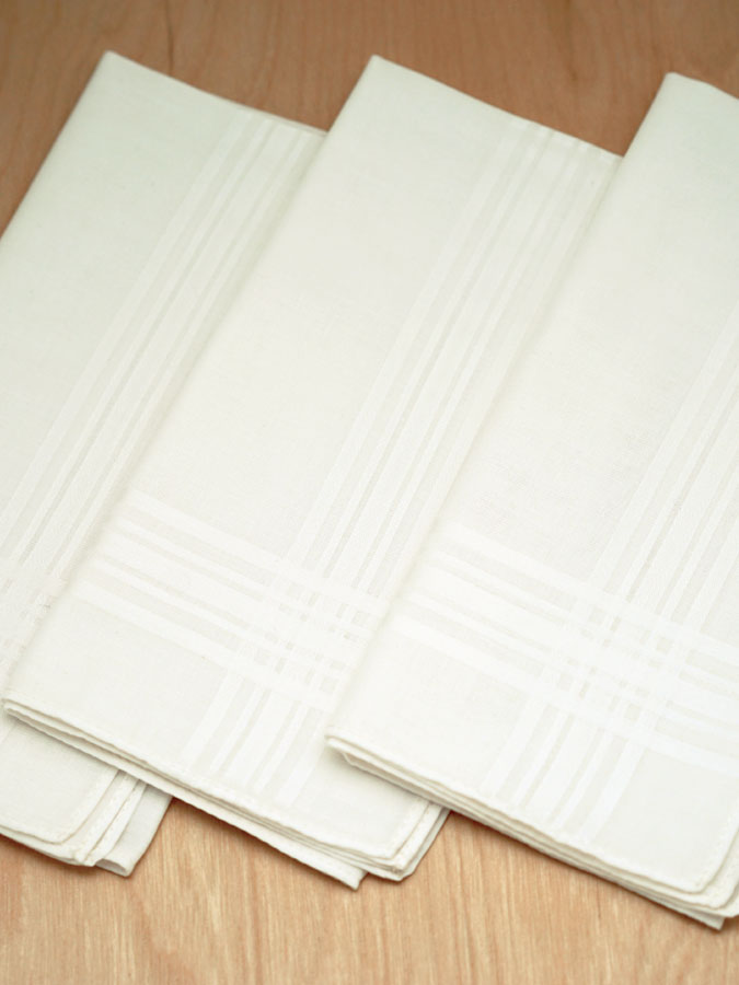 Set of 3 Ivory Woven Mens Handkerchiefs with Thin Satin Stripes