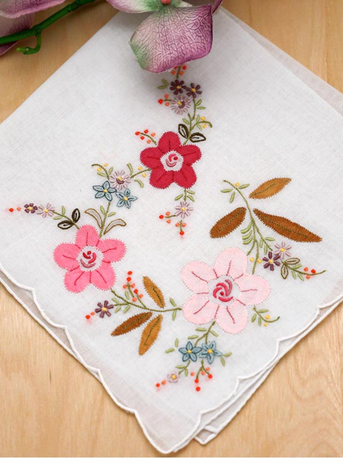 Set of 3 Pink Floral Applique Embroidered Handkerchiefs