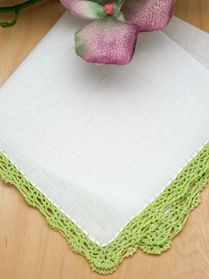 Small Crochet Lace Handkerchief with Green Edges