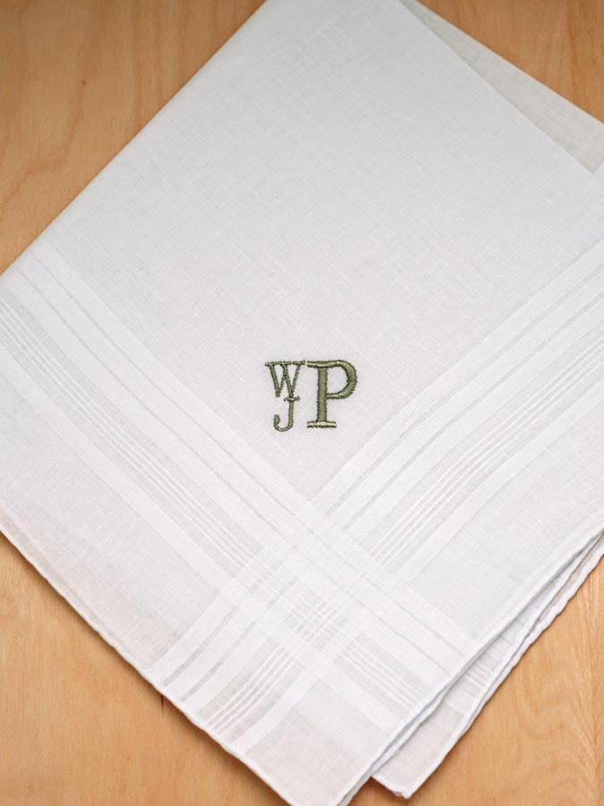 Mens Monogrammed Wedding Hankie w/ 3 Initials Font R Stacked