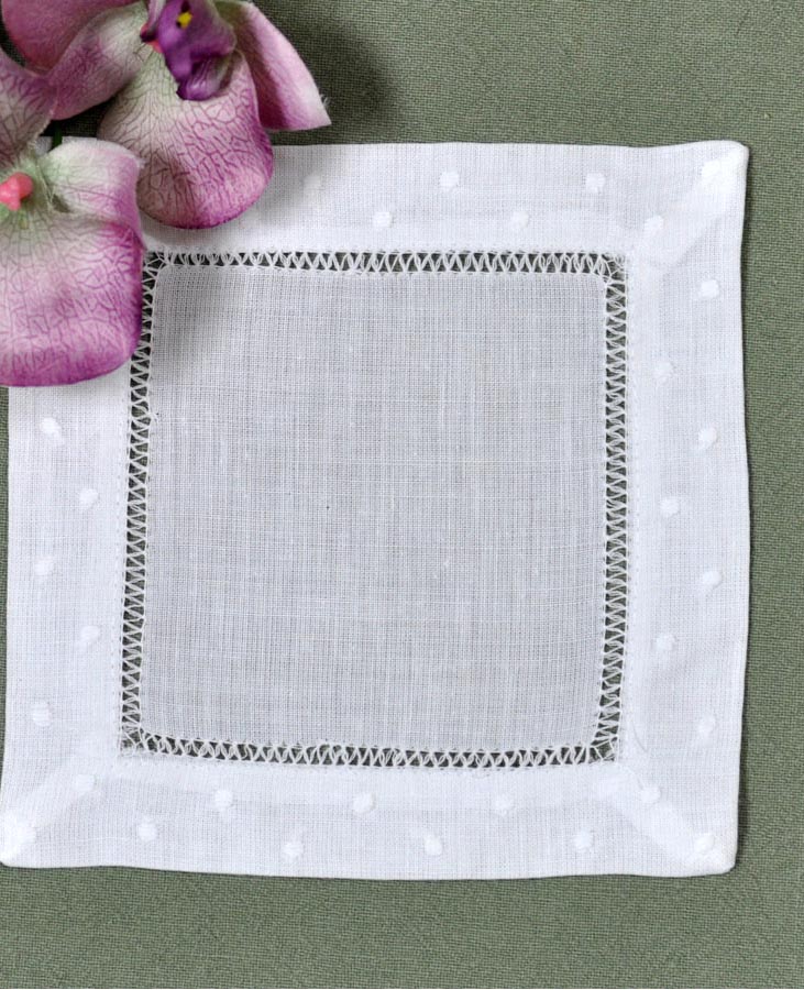 1 Dozen White Linen Cocktail Napkins With a Dot Border