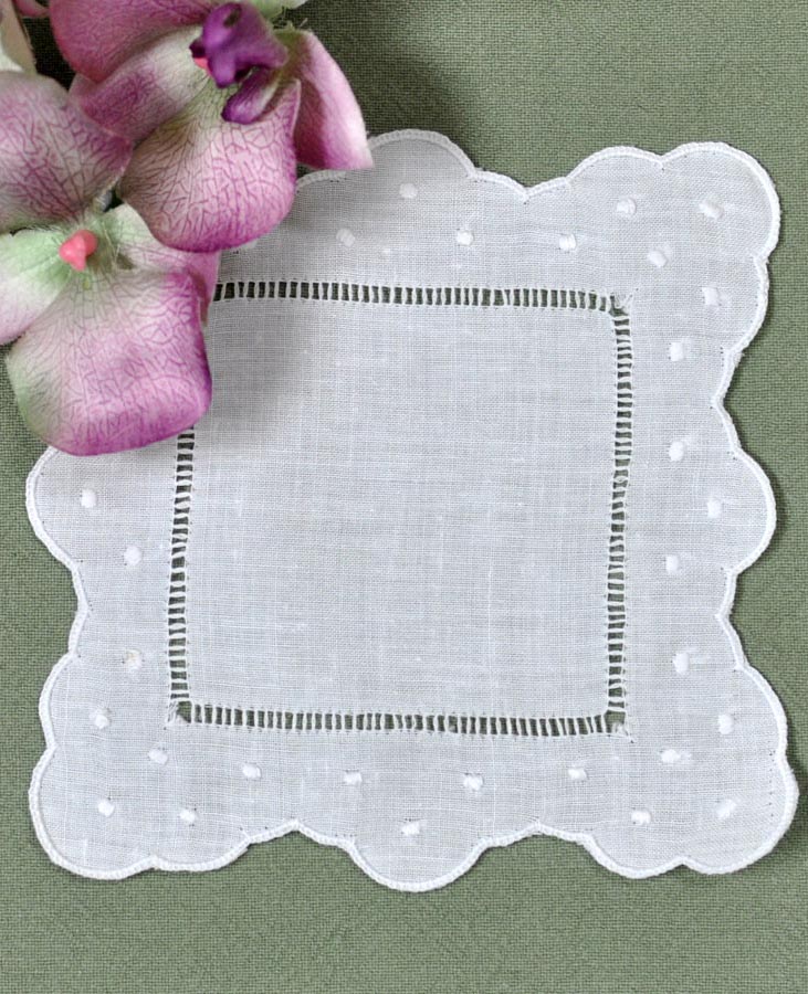1 Dozen White Linen Cocktail Napkins with Scallop Dot Edges