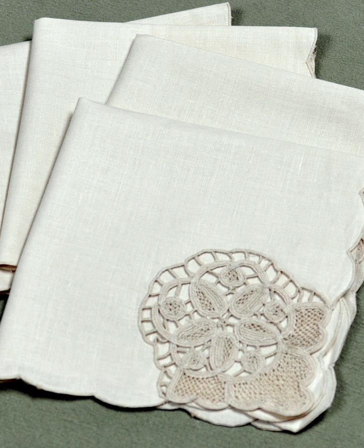 1 Dozen Ecru Peony Cutwork Linen Dinner Napkins