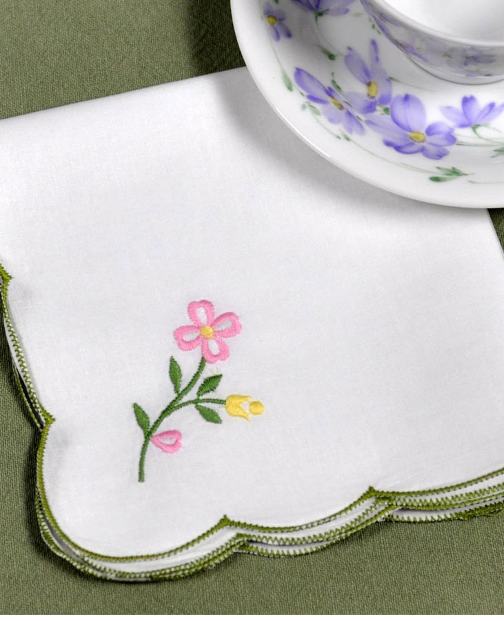 1 Dozen Embroidered Floral Tea Napkins with Sage Edging