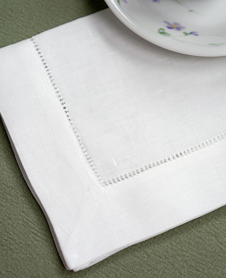 1 Dozen White Wide Hemstitched Linen Tea Napkins - 12 inch