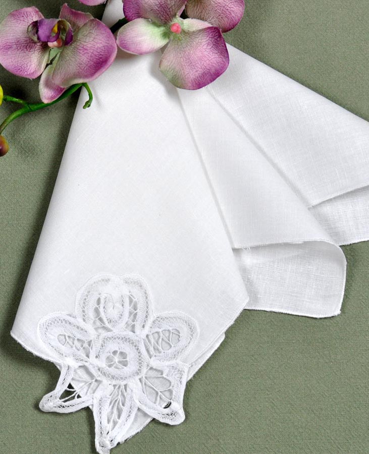 1 Dozen White Linen Battenburg Lace Dinner Napkins