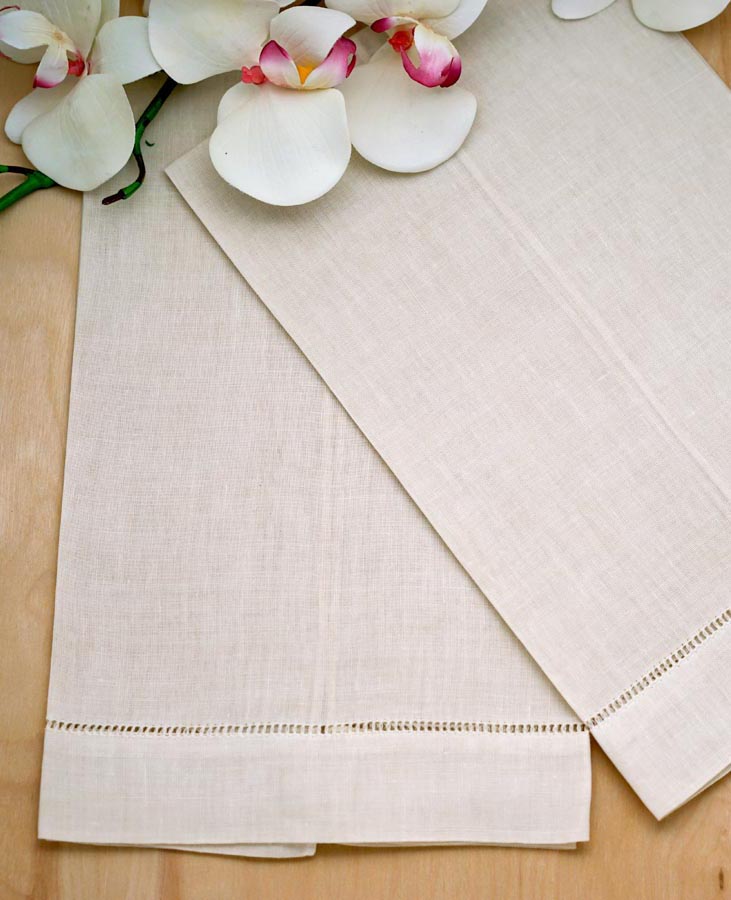 Set of 4 Ecru Linen Hand Towels with Hemstitched Edges