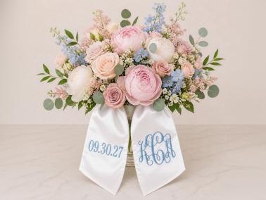 Personalized Satin Ribbon Bouquet Sash 3 Initials Date Font G