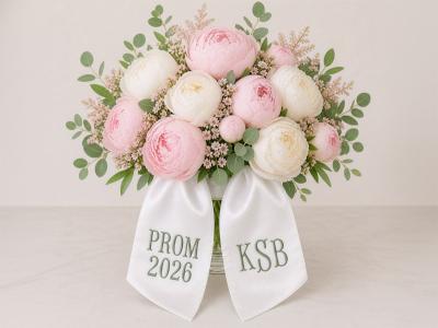 Personalized Satin Ribbon Bouquet Sash 2 Lines 3 Initials Font V