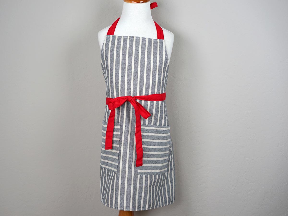 Striped Chambray Kids Apron with Red Ties