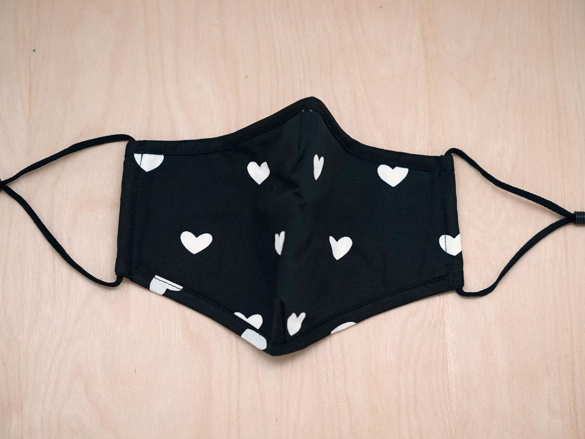 Monogrammed Black Face Mask with White Hearts