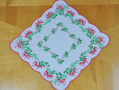 Vintage Inspired Holiday Holly Bows Print Hankie