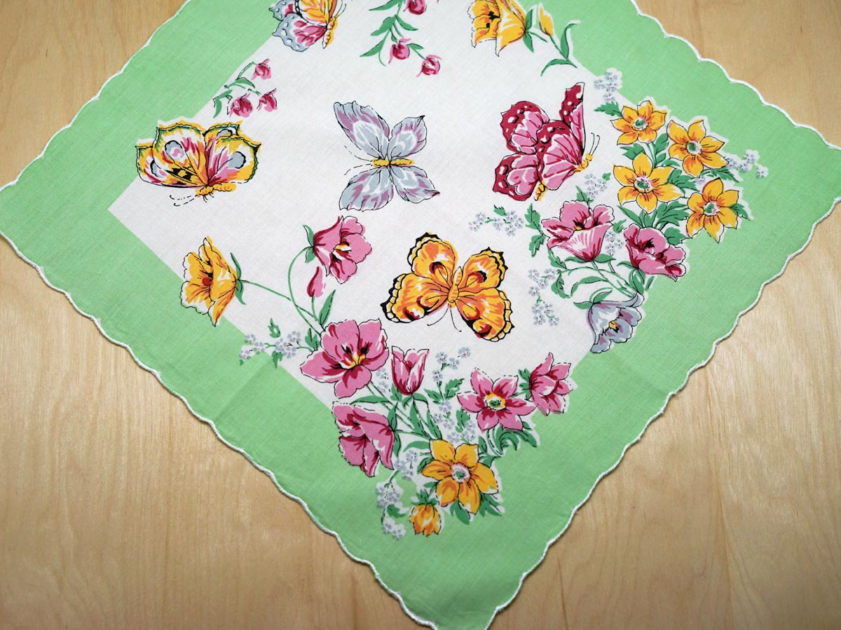 Vintage Inspired Green Butterfly Printed Handkerchief