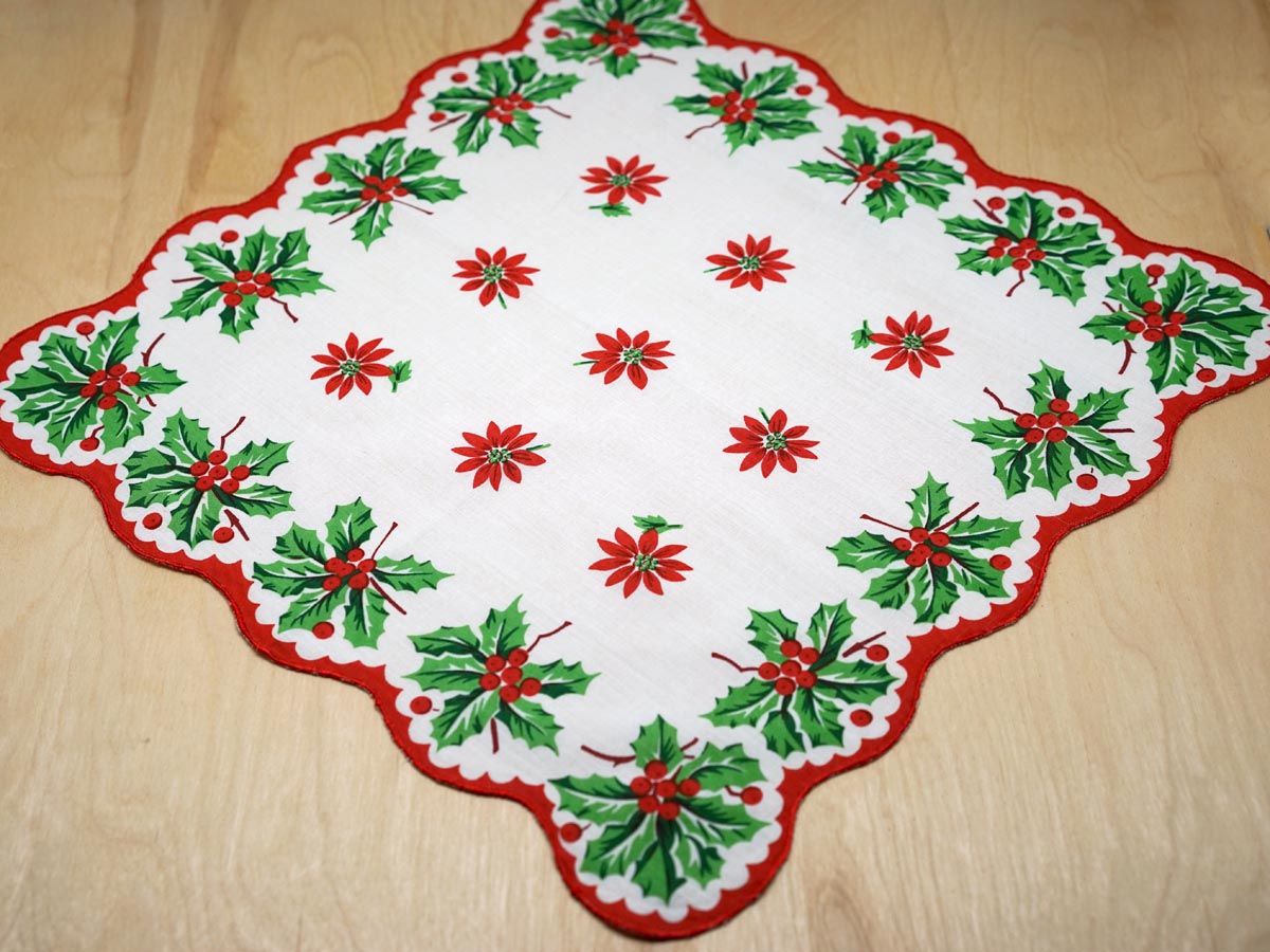 Vintage Inspired Holiday Holly and Poinsettia Print Hankie